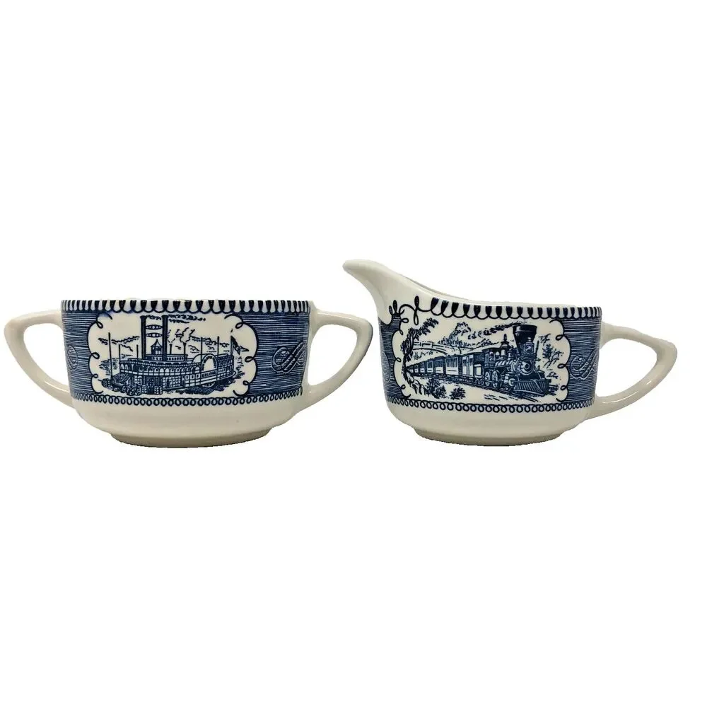 Currier & Ives Creamer Sugar Vintage Royal China Train River Boat Scene USA